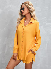 Einfarbiger Anzug mit langärmeligem Hemd und Shorts