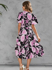 Vestido estampado de manga corta con cordones