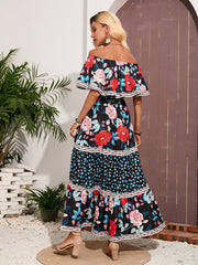 Vestido estampado sin tirantes con volantes