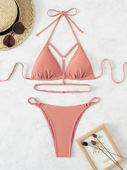 Sexy Solid Color Necktie Bikini Swimsuit