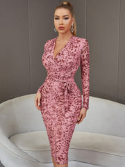 Fashionable Print Long Sleeve Deep V Prom Dress