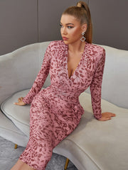 Fashionable Print Long Sleeve Deep V Prom Dress