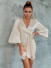 V-Neck Tie Sequin Cocktail Dress