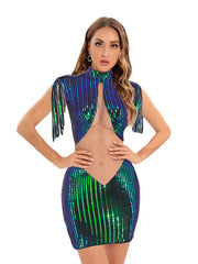 Elegantes durchsichtiges Abendkleid mit Fransen und Pailletten