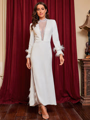 Ironed Diamond Deep V Slit Feather Party Evening Dress