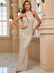 Elegant Neck Sequined Evening Dress