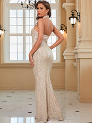 Elegant Neck Sequined Evening Dress