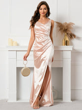 V-neck Ruffled Slit Evening Dress