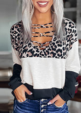 Blusa informal holgada de manga larga con estampado de leopardo y costuras para mujer