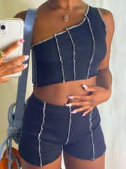 Chaleco de un solo hombro con costuras de color en contraste, moda de dos piezas