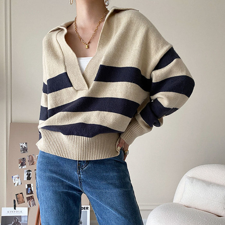 V Neck Collared Striped Sweater