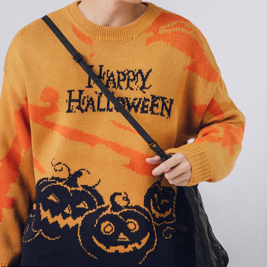 Happy Halloween Strickpullover mit Kürbismuster