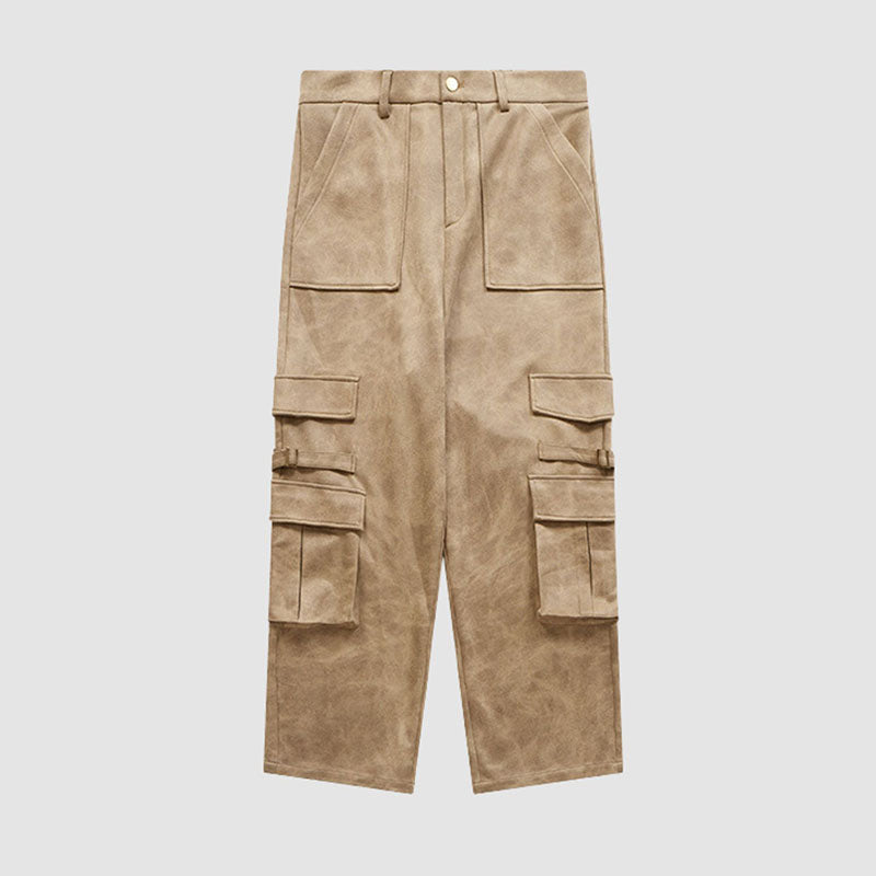 Suede Multi Pocket Wide Leg Cargo Pants