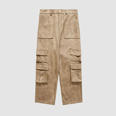 Suede Multi Pocket Wide Leg Cargo Pants