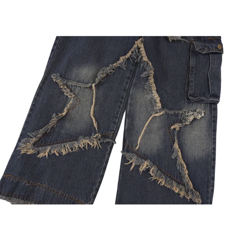 Star Pattern Frayed Patchwork Jeans