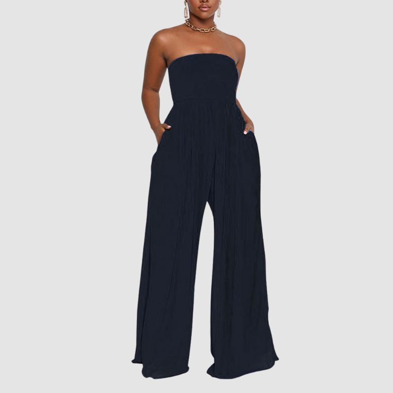 Einfarbiger Jumpsuit mit Tube-Top und weitem Bein