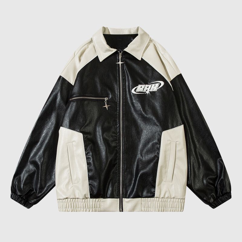 Chaqueta de cuero con bordado de letras y patchwork retro