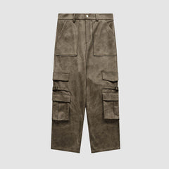 Suede Multi Pocket Wide Leg Cargo Pants