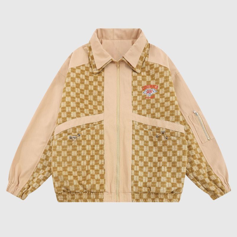 Karierte Patchwork-Jacke mit Stickerei