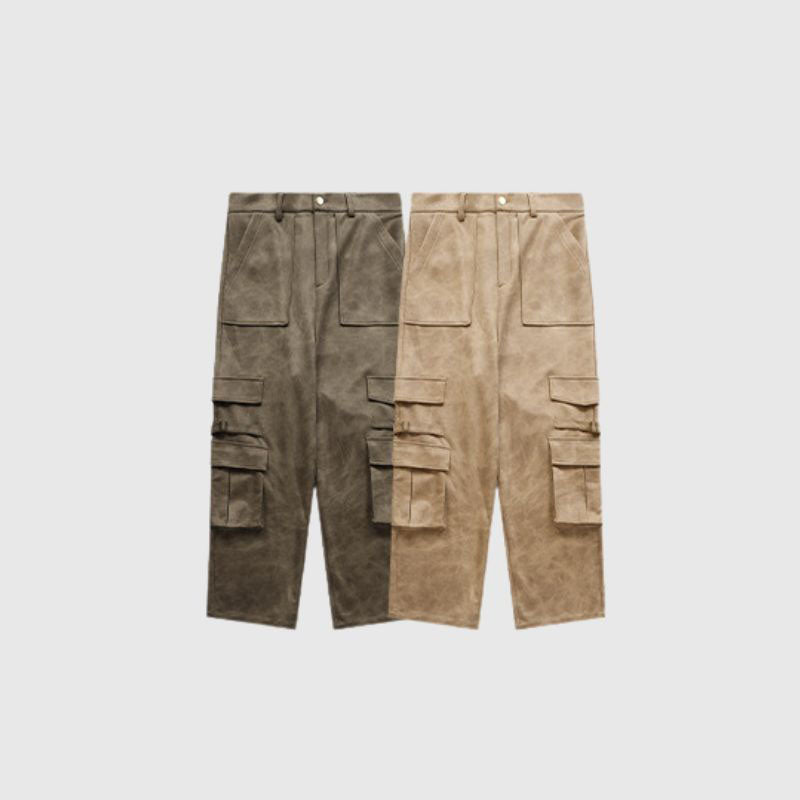 Suede Multi Pocket Wide Leg Cargo Pants