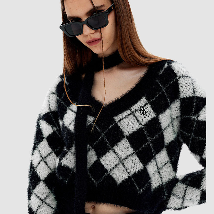 Tie + Argyle Pattern Cropped Sweater