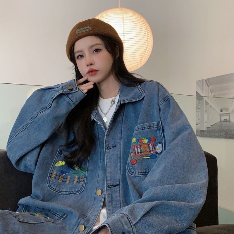 Cartoon Embroidered Multi-Pocket Denim Jacket