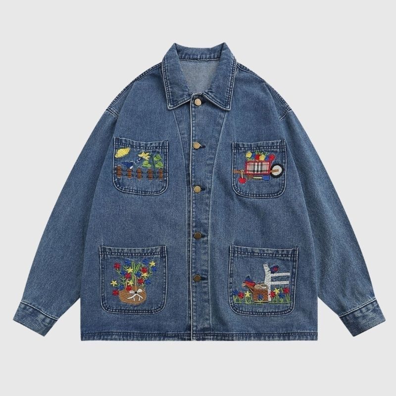 Jeansjacke mit Cartoon-Stickerei und mehreren Taschen