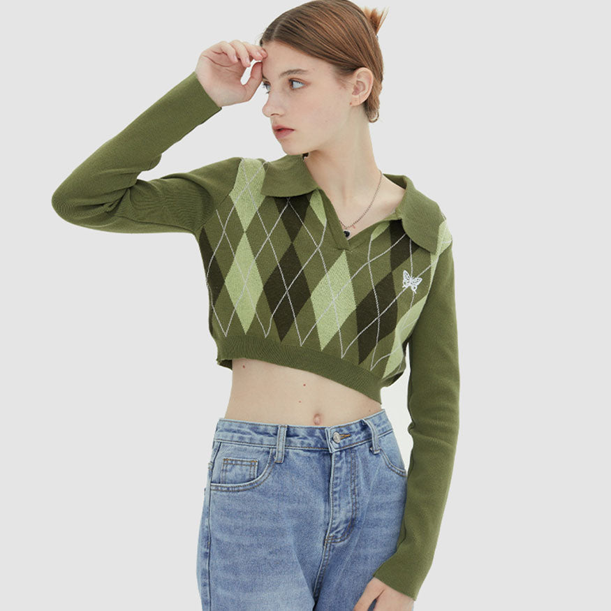 Turndown Collar Butterfly Embroidery Cropped Sweater