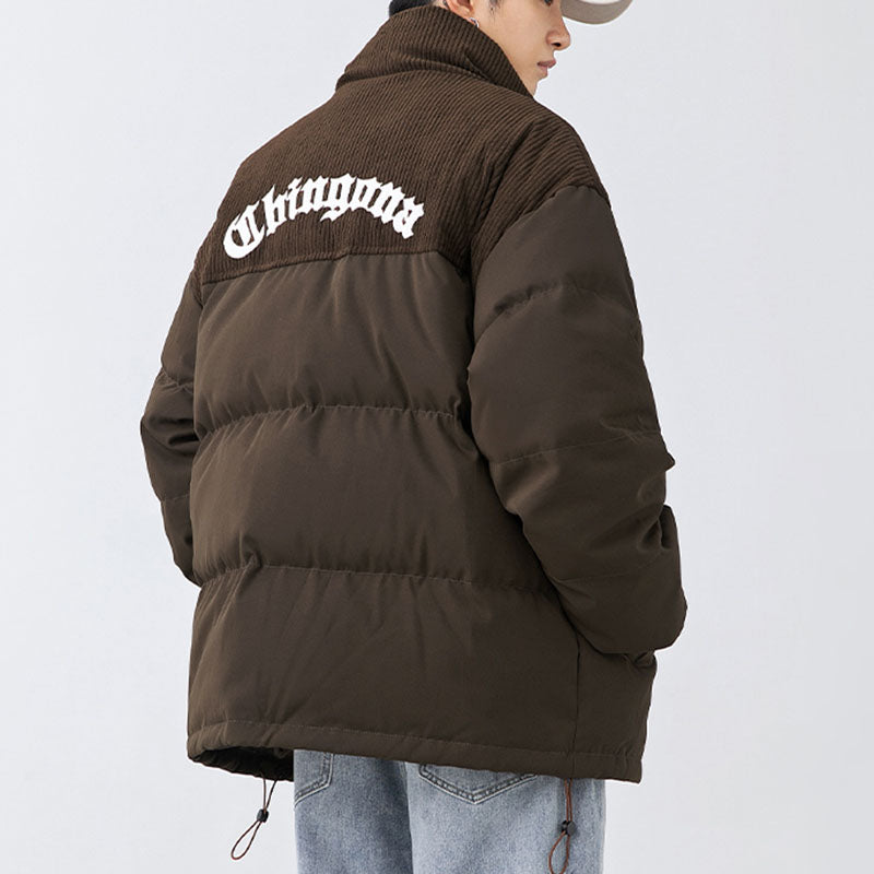 Chaqueta de pana con patchwork y letras bordadas