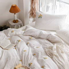 Isla White Floral Embroidered Bedding Set - Sunflower