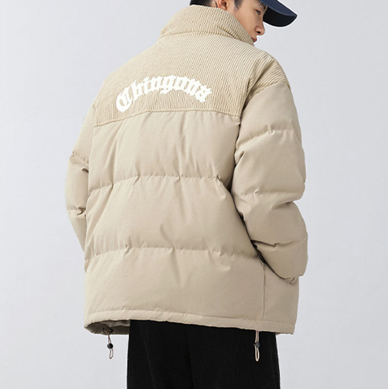 Chaqueta de pana con patchwork y letras bordadas