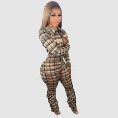 Plaid Printed Bodycon Pleated Jumpsuits