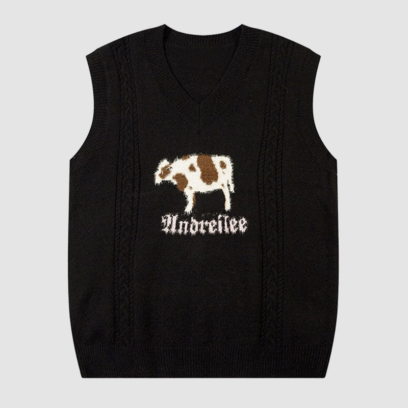 Cartoon Cow Embroidered Vest Sweater