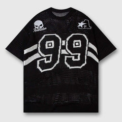 Schwarzes Mesh-Jersey-T-Shirt „99“