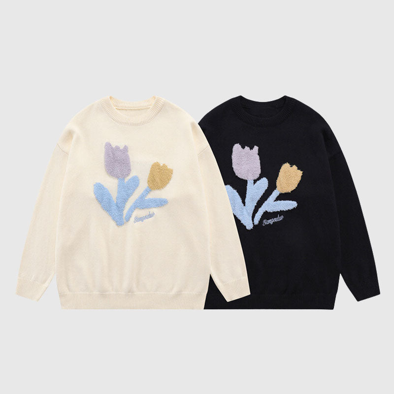 Flower Pattern Embroidered Pullover