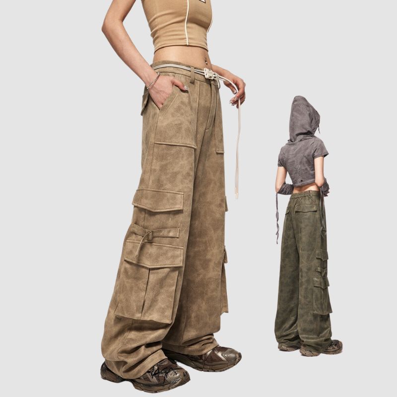 Suede Multi Pocket Wide Leg Cargo Pants