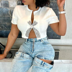 Crop Top mit Schlitz und Strass-Dekor