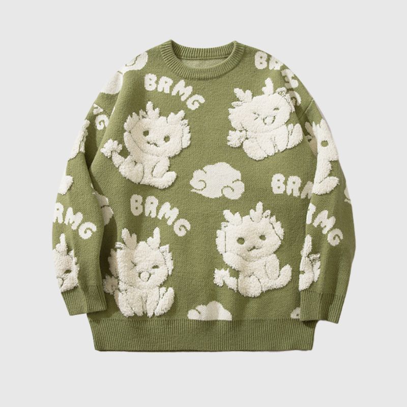 Cartoon Dragon  Round Neck Knit Sweater