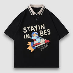 Cartoon Spaceship Printed Lapel Tee