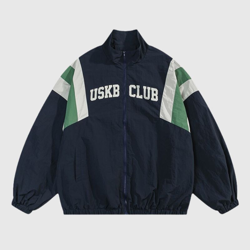 Chaqueta retro de cuello alto con patchwork de streetwear