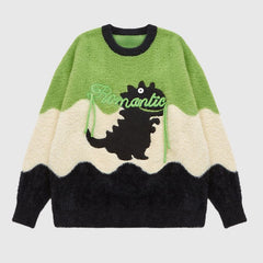 Patchwork-Pullover mit Dinosaurier-Print in Kontrastfarbe und Rundhalsausschnitt