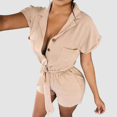 Simple Lapel Tie Up Romper