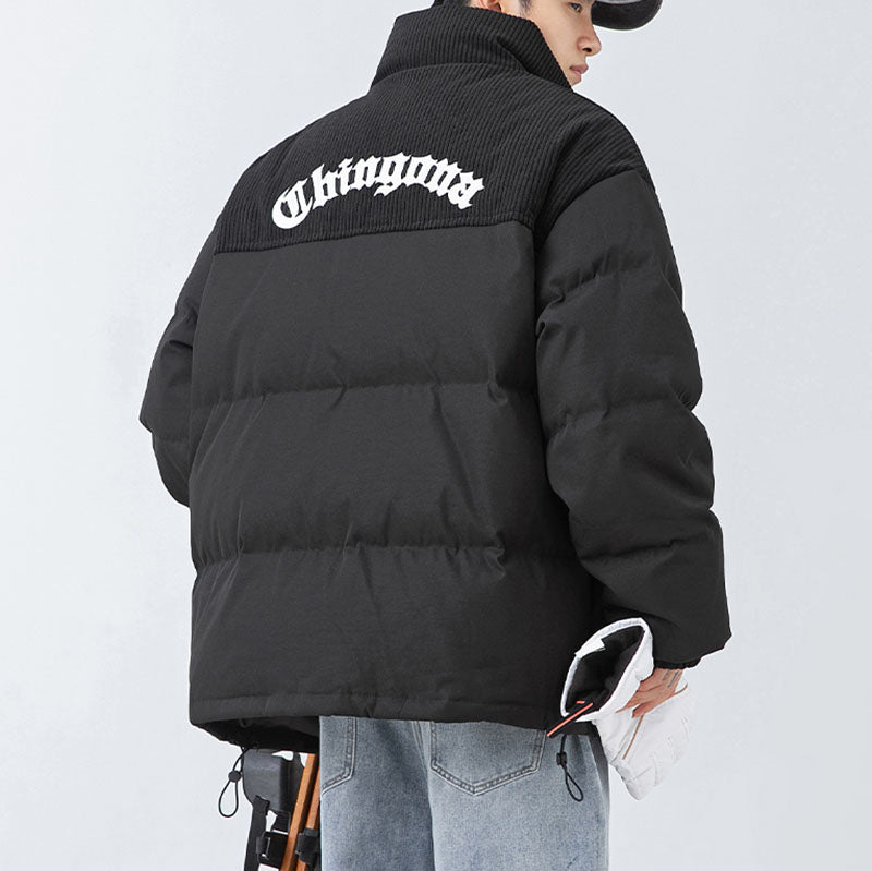 Chaqueta de pana con patchwork y letras bordadas