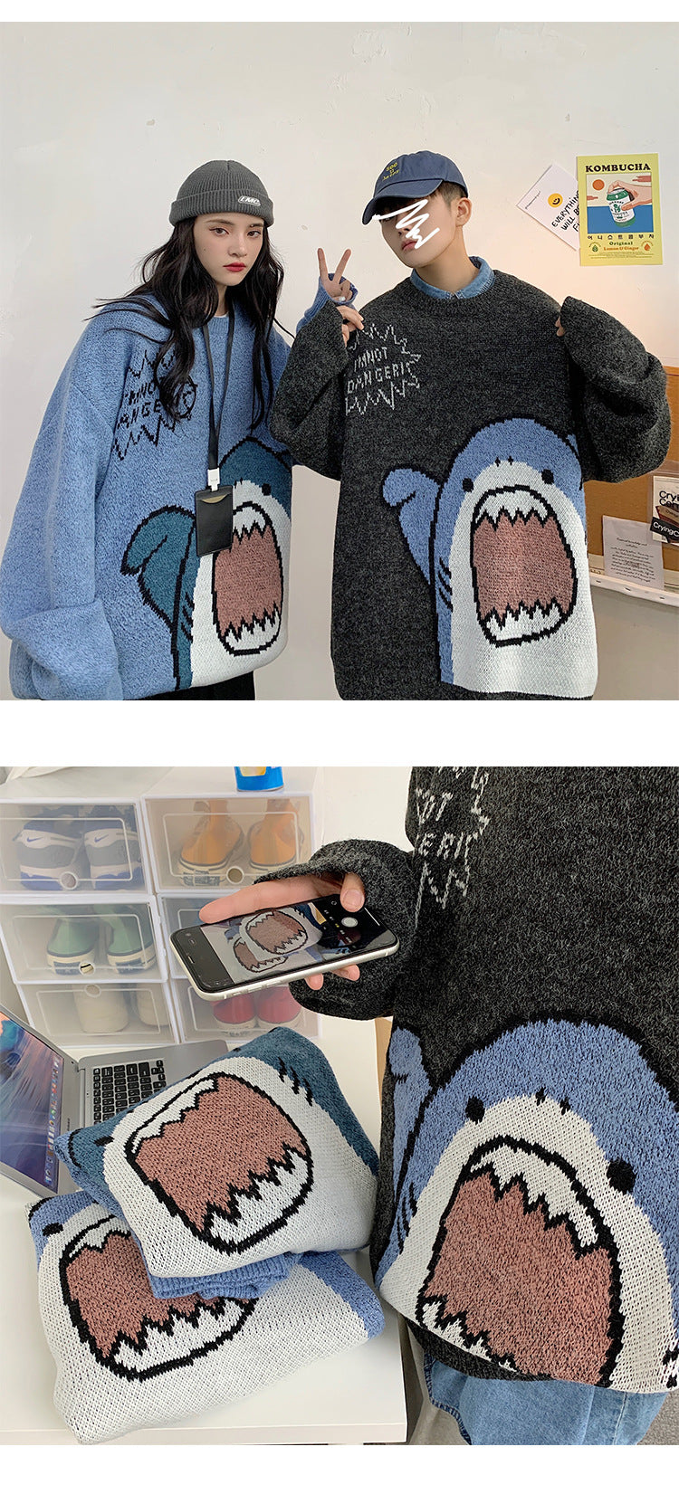 Shark Clapping Pattern Knit Sweater