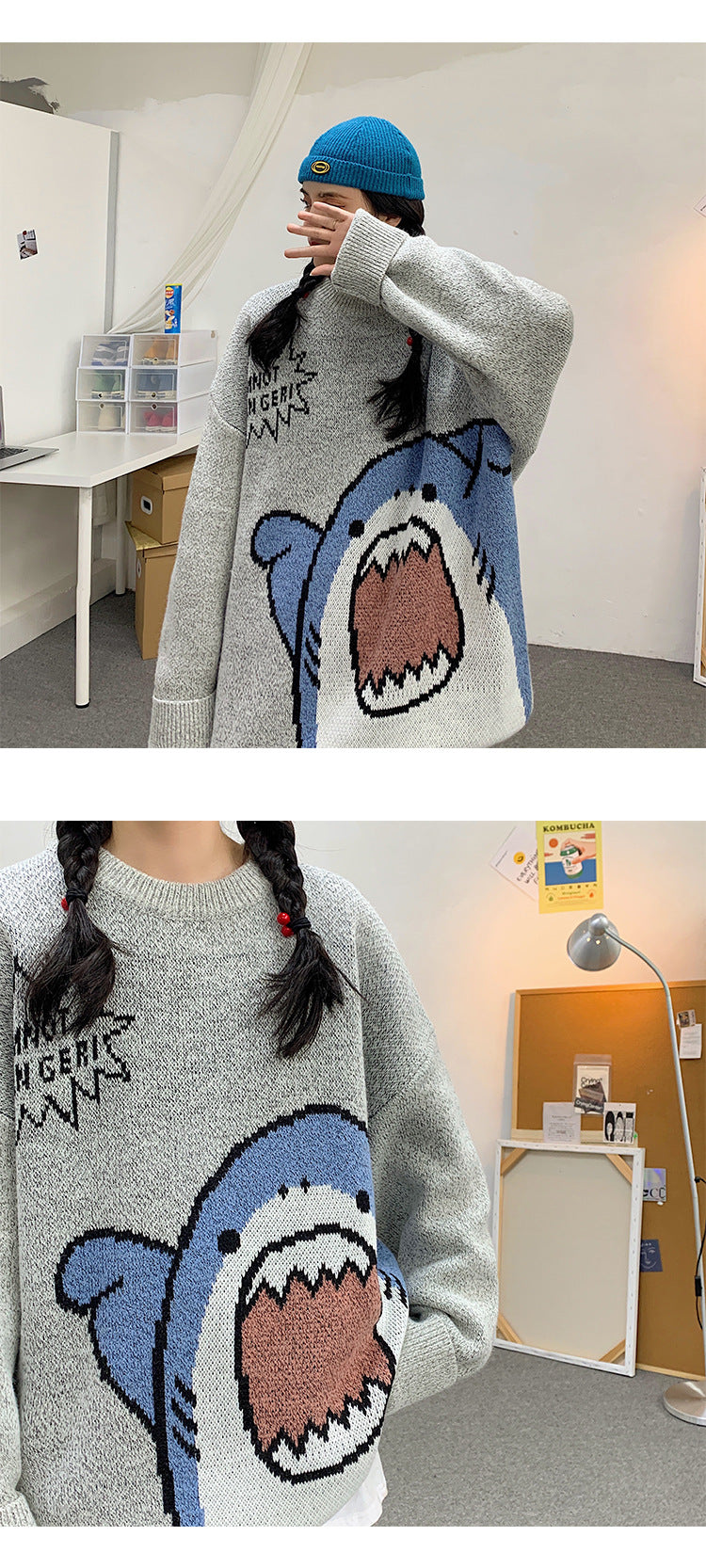 Shark Clapping Pattern Knit Sweater