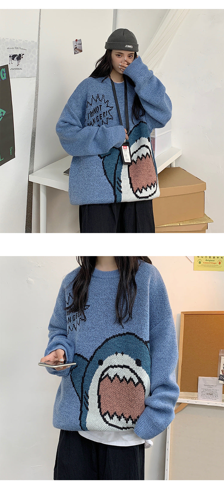 Shark Clapping Pattern Knit Sweater