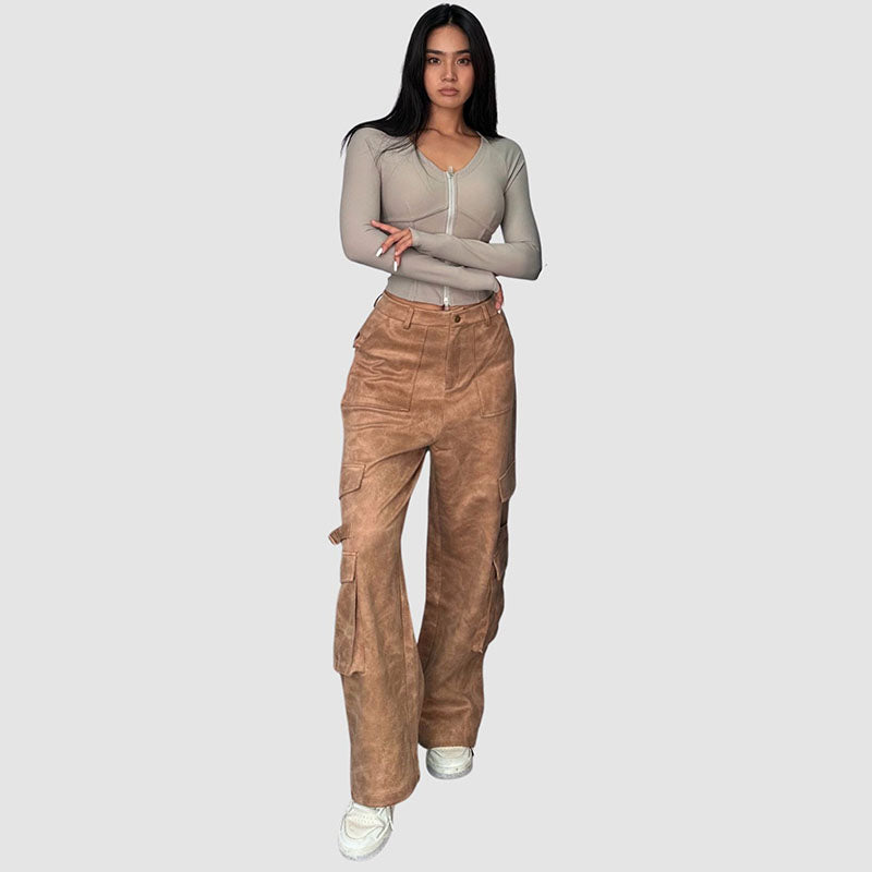 Suede Multi Pocket Wide Leg Cargo Pants