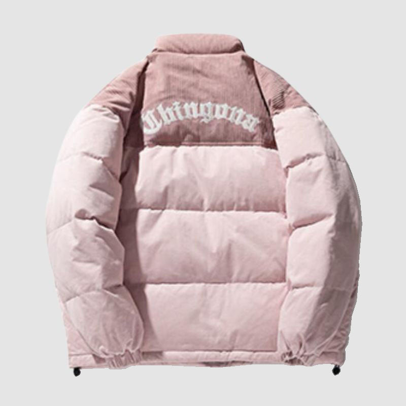 Chaqueta de pana con patchwork y letras bordadas