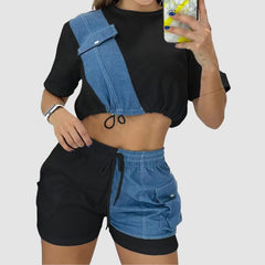 Denim Patchwork Short Pants Set