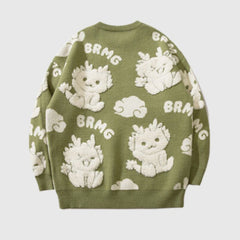 Cartoon Dragon  Round Neck Knit Sweater